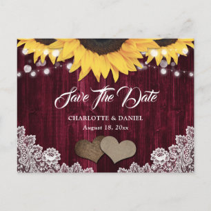 Rustic Chic Sunflower Burgundy Wedding Announcement Postcard