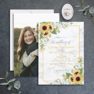 Rustic Chic Sunflower & Gray Floral Photo Wedding Invitation