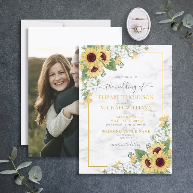Rustic Chic Sunflower & Gray Floral Photo Wedding Invitation (Creator Uploaded)