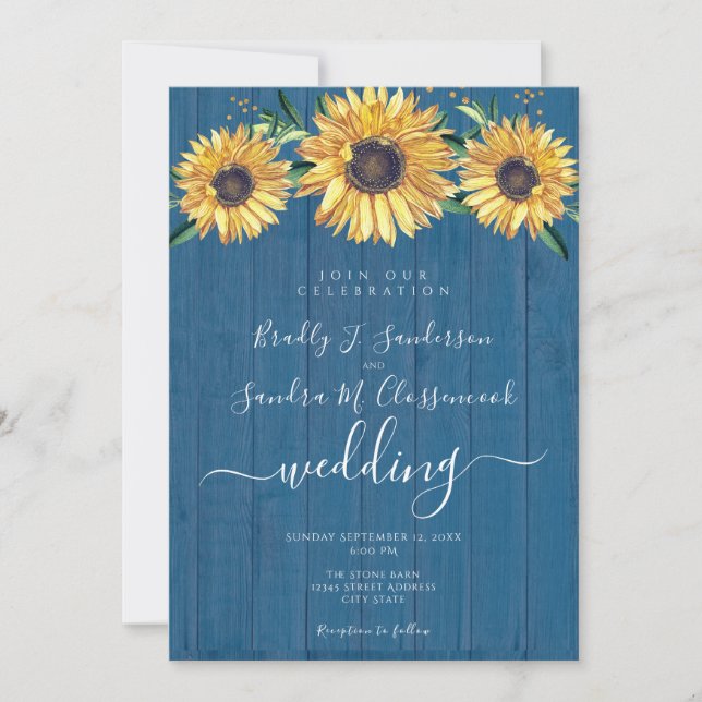 Rustic Chic Sunflower Navy Blue Wood Wedding  Inv  Invitation (Front)