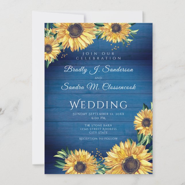  Rustic Chic Sunflower Navy Blue Wood Wedding  Invitation (Front)