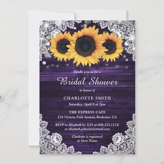 Rustic Chic Sunflower Purple Bridal Shower Invitation (Front)