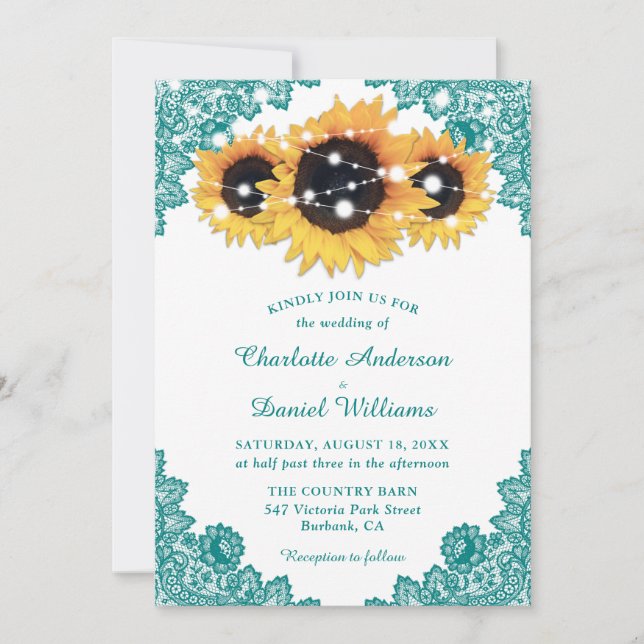 Rustic Chic Teal Lace Sunflower Wedding Invitation (Front)