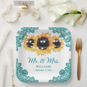 Rustic Chic Teal Lace Sunflower Wedding Paper Plate