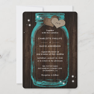 Rustic Chic Teal Mason Jar Wood Wedding Invitation