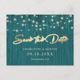 Rustic Chic Teal Wood Lights Wedding Save The Date Announcement Postcard