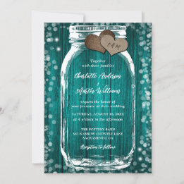 Rustic Chic Teal Wood Mason Jar Wedding Invitation