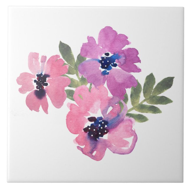 Rustic Chic Watercolor Floral Pink White Tile (Front)