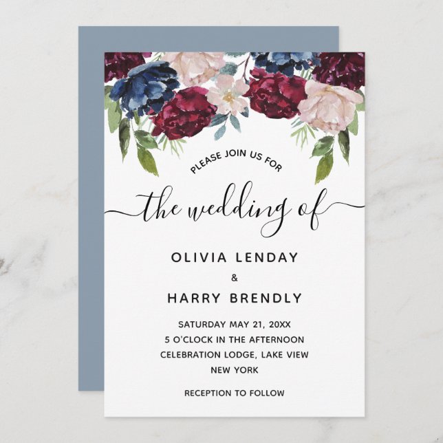 Rustic Chic Watercolor Floral Wedding Invitation (Front/Back)