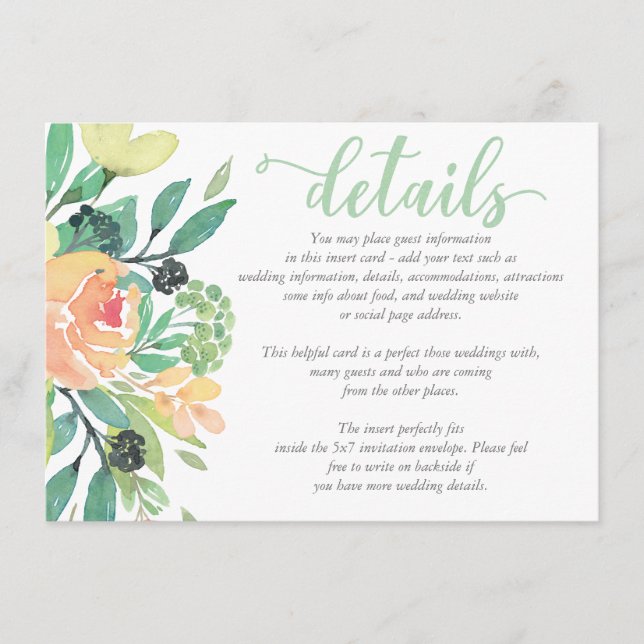 Rustic chic Watercolor Peony Wedding DETAILS Card (Front)