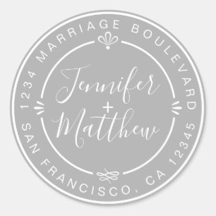 Rustic Chic Wedding Monogram Return Address Grey Classic Round Sticker
