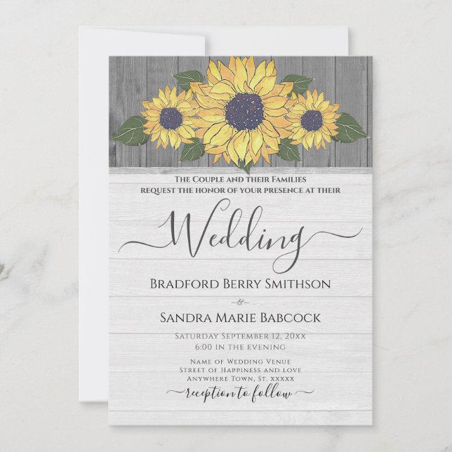 Rustic Chic Wedding Sunflower Yellow Grey Wood Invitation (Front)