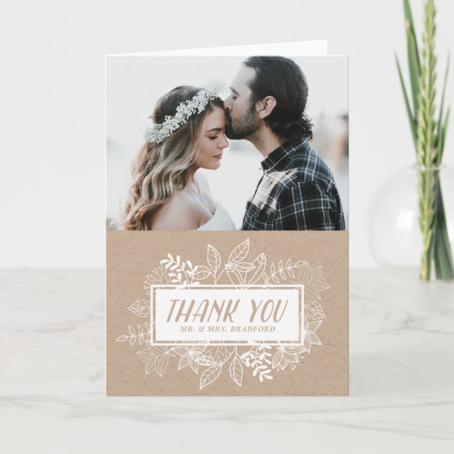 Rustic Chic White Flowers on Kraft Paper Thank You Card (Front)