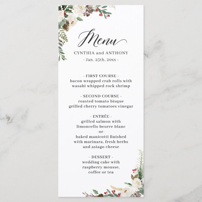 Rustic Chic Winter Floral Holly Berries Wedding Menu (Front)