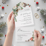 Rustic Chic Winter Floral Pine Berries Wedding All In One Invitation<br><div class="desc">Set the tone for a winter wedding with this Rustic Chic Winter Floral Pine Berries Wedding All In One Invitation. This beautiful design features watercolor pinecones and red berries with elegant greenery, perfect for a rustic chic wedding. This all-in-one invitation includes a detachable RSVP card, so guests can easily respond...</div>