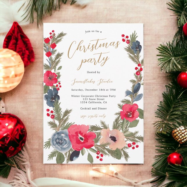 Rustic chic Winter Floral Watercolor Christmas Invitation (Rustic chic Winter Floral Watercolor Christmas Invitation)