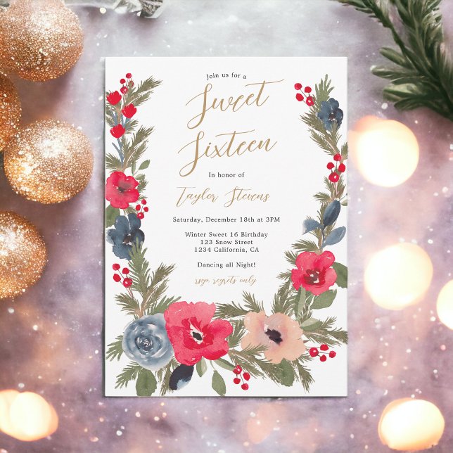 Rustic chic Winter Floral Watercolor Sweet 16 Invitation (Rustic chic Winter Floral Watercolor Sweet 16 Invitation)
