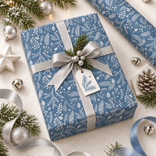 Rustic-Chic Winter Foliage Slate Blue Slver ID1335 Wrapping Paper
