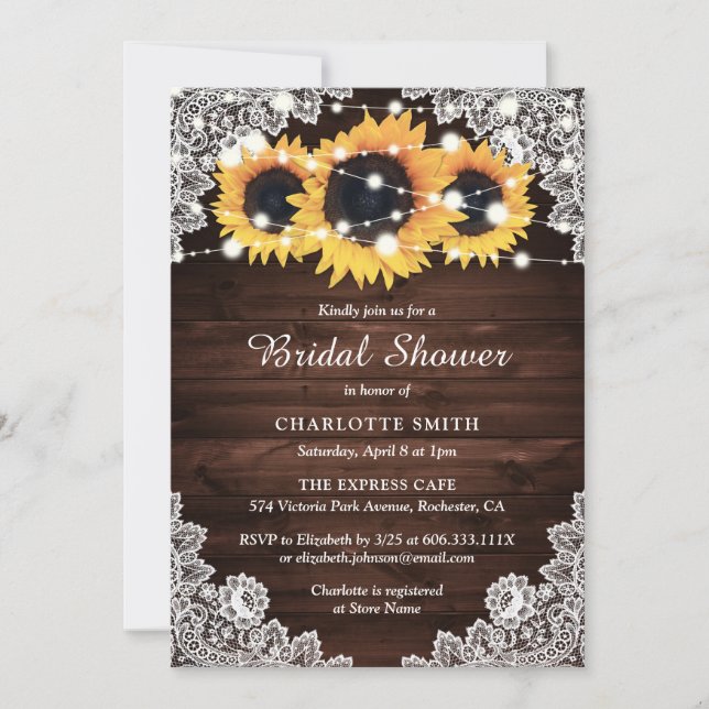 Rustic Chic Wood Lace Sunflower Bridal Shower Invitation (Front)