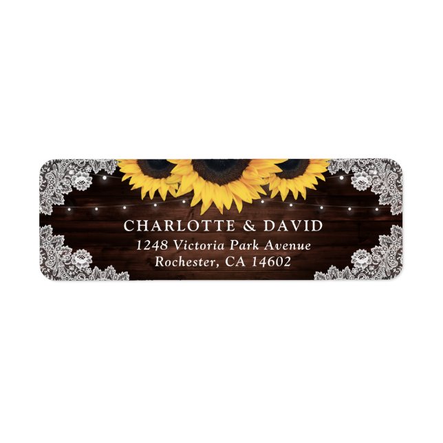 Rustic Chic Wood Lace Sunflower Return Address Lab (Front)