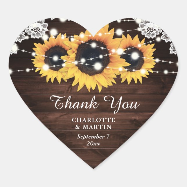 Rustic Chic Wood Lace Sunflower Wedding Heart Sticker (Front)