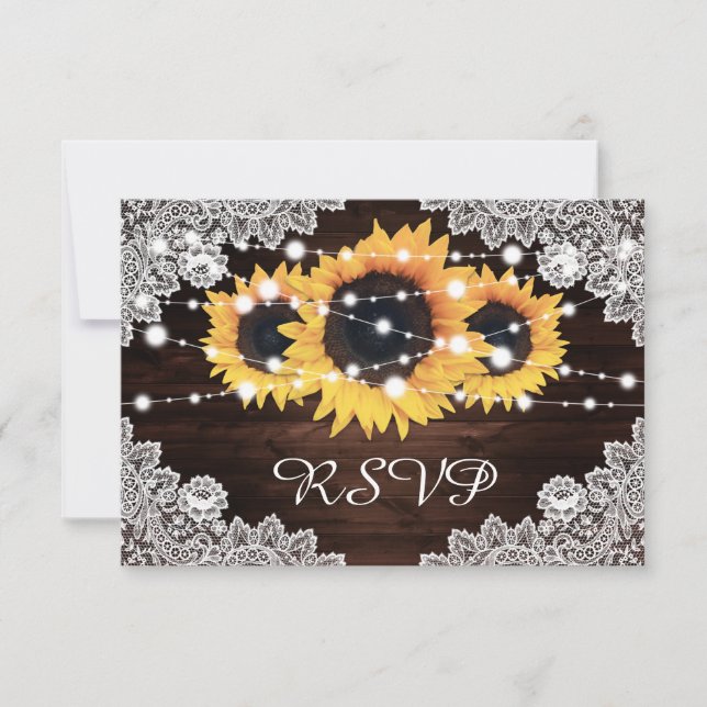 Rustic Chic Wood Lace Sunflower Wedding RSVP Card (Front)