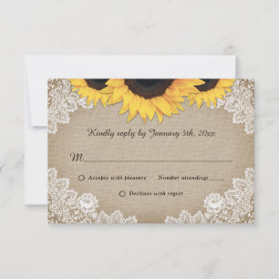 Rustic Chic Wood Lace Sunflower Wedding RSVP Card
