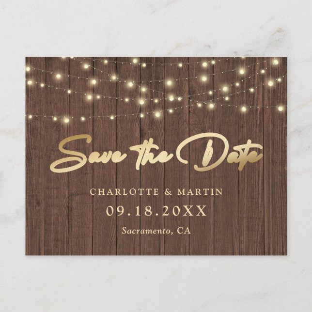 Rustic Chic Wood Lights Wedding Save The Date Announcement Postcard (Front)