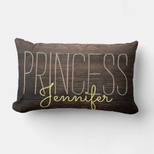 Rustic Chic WOOD PRINCESS YOUR NAME BEIGE YELLOW Lumbar Cushion