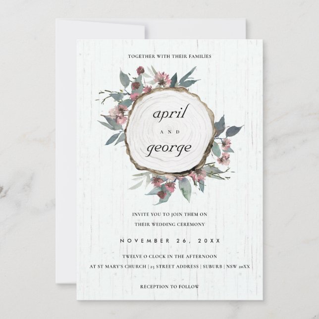 RUSTIC CHIC WOOD SLICE PINK FLORAL WEDDING INVITE (Front)