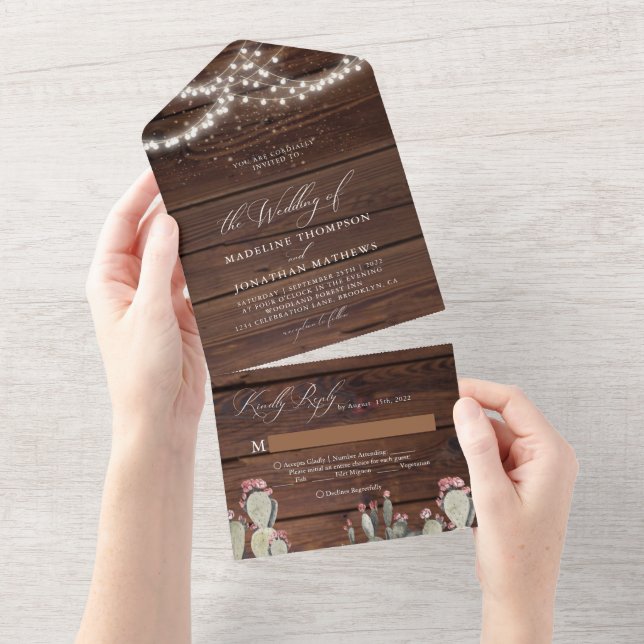 Rustic Chic Wood String Light Cactus Cacti Wedding All In One Invitation (Tearaway)