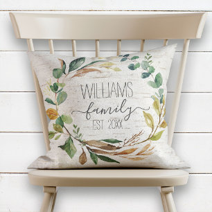 Rustic Chic Wreath Birch Family Monogram Name Cushion