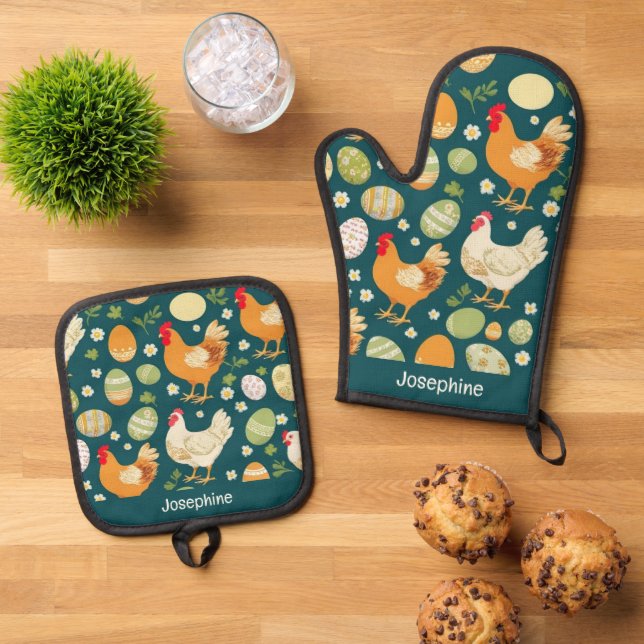 Rustic Chicken & Easter Eggs Kitchen Custom Name Oven Mitt & Pot Holder Set (Top Down)