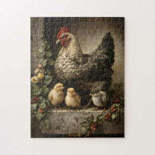 Rustic Chicken Hen with Chicks Jigsaw Puzzle