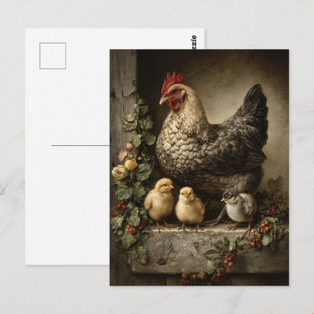 Rustic Chicken Hen with Chicks Postcard (Front/Back)