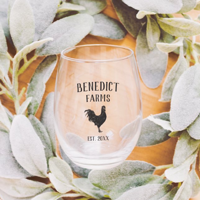 Rustic Chicken Personalised Farm Name Stemless Wine Glass (Creator Uploaded)