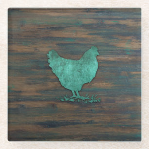 Rustic Chicken (Teal) Glass Coaster