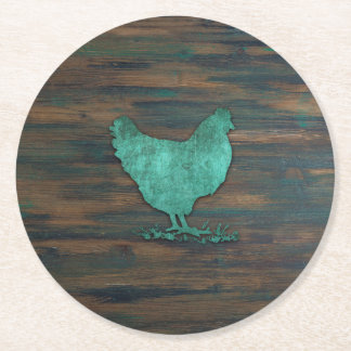 Rustic Chicken (Teal) Round Paper Coaster