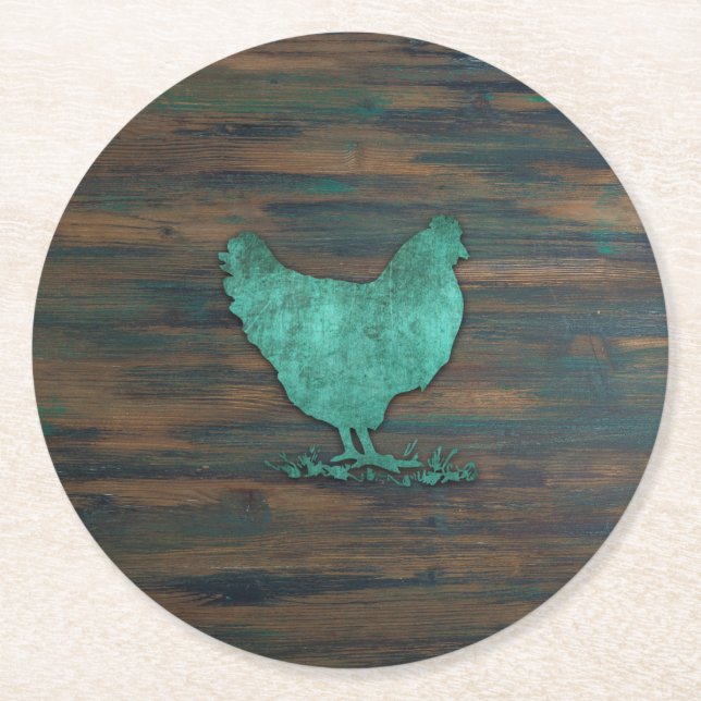 Rustic Chicken (Teal) Round Paper Coaster (Front)