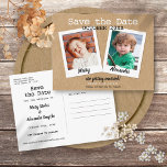 Rustic Childhood Photos Save the Date Announcement Postcard<br><div class="desc">Personalise with your childhood photos to create a unique save the date card.
The reverse has additional save the date details,  including your wedding website,  with your return address and space for your recipient's address.</div>