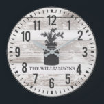 Rustic Chippy Planks Custom Family Name Milk Can Large Clock<br><div class="desc">Rustic Chippy Planks Custom Family Name Pineapple Large Farmhouse Style Clock features a white chippy wood background, with a rustic milk can filled with pine and is personalized with your name. Part of a collection. If you need assistance personalizing your clock, or if you are looking for coordinating items, please...</div>