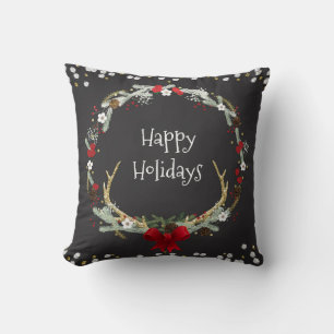Rustic Christmas Antler Wreath Holiday Decor Cushion