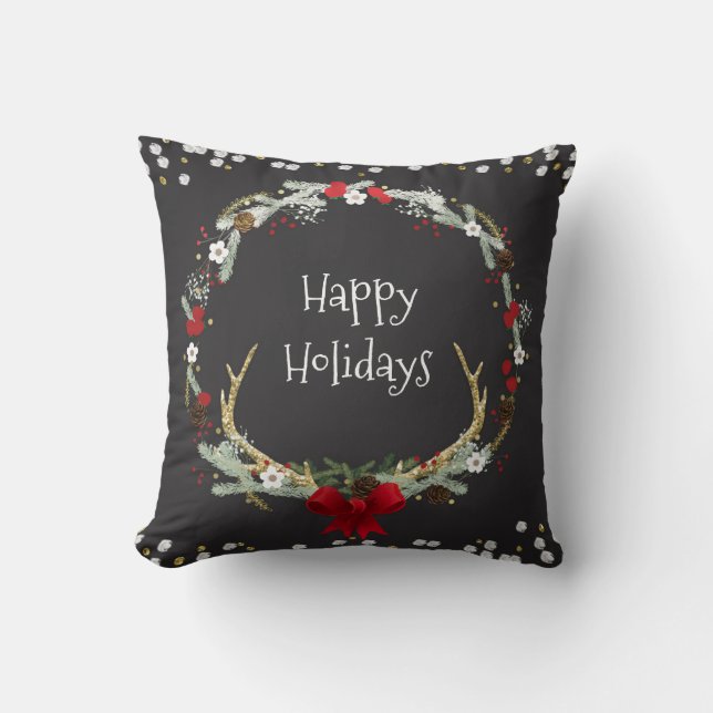 Rustic Christmas Antler Wreath Holiday Decor Cushion (Front)