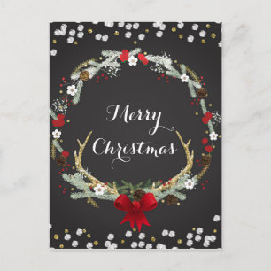 Rustic Christmas Antler Wreath Holiday Modern Postcard