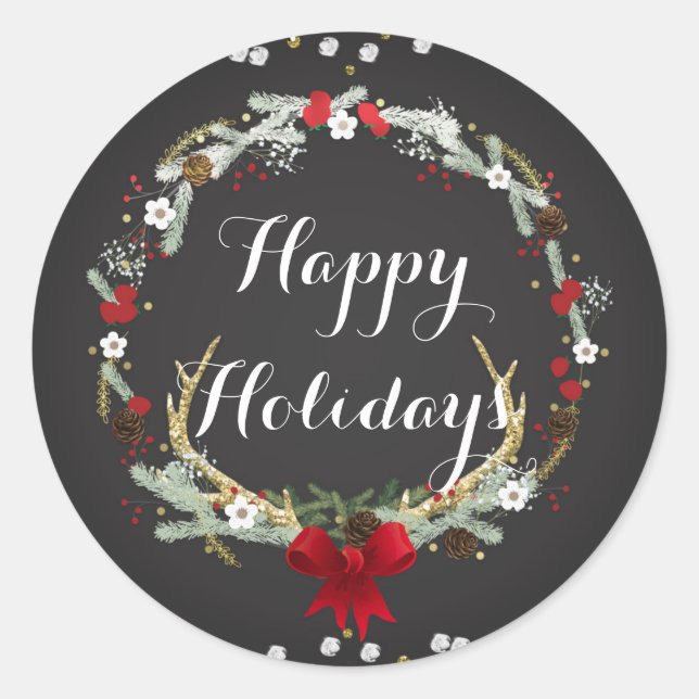 Rustic Christmas Antler Wreath Holiday Party Favou Classic Round Sticker (Front)