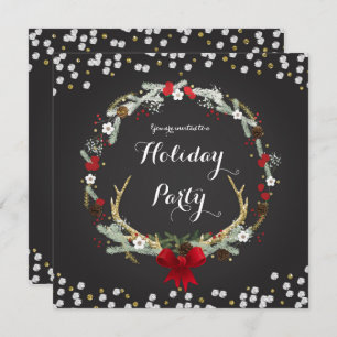 Rustic Christmas Antler Wreath Party Invitations