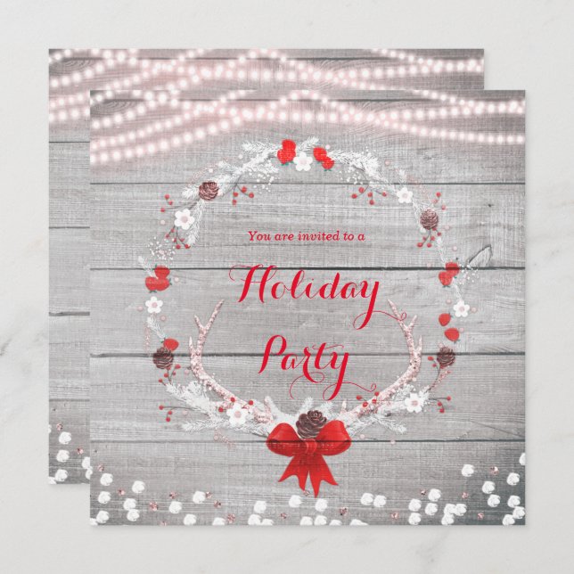 Rustic Christmas Antler Wreath White Wood Invitation (Front/Back)
