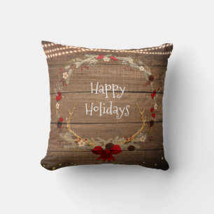 Rustic Christmas Antler Wreath Wood & Lights Cushion