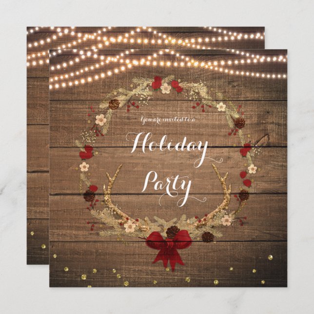Rustic Christmas Antler Wreath Wood & Lights Invitation (Front/Back)