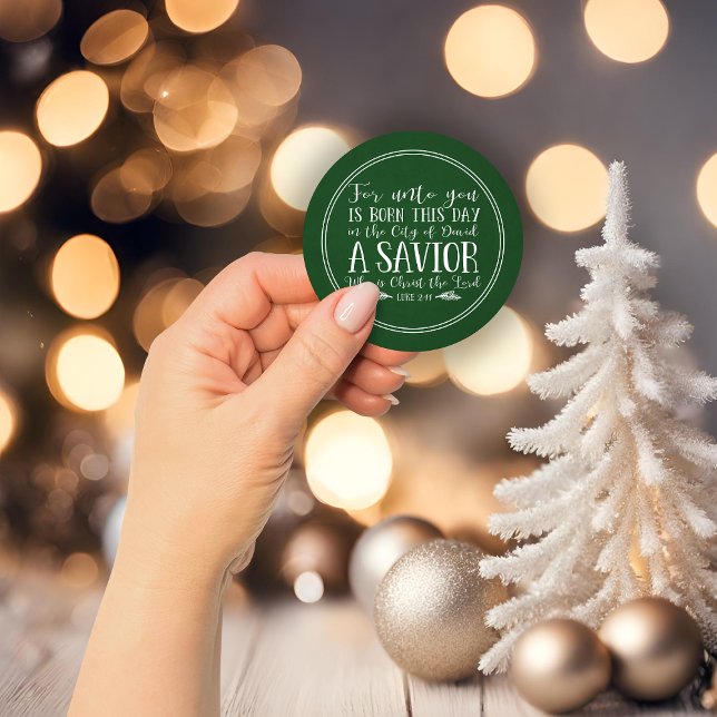Rustic Christmas Bible Verse Typography Green Classic Round Sticker (Rustic Christmas Bible Verse Typography Green Classic Round Sticker)